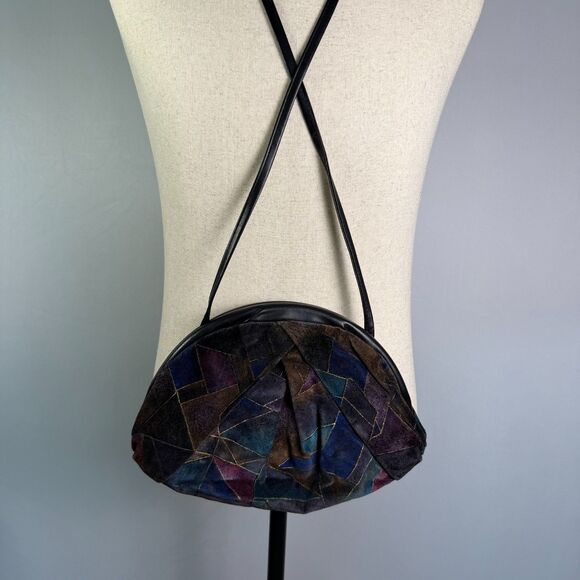 70s-80s Look Clamshell Velvet Purse Long Strap, Geometric Colorful Pattern 2/$50 - Picture 6 of 14